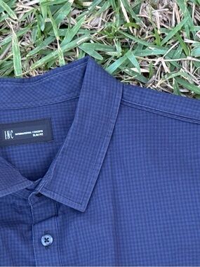 INC Men's XXL Slim Fit Button-Up | Navy Blue Micro-Check Pattern